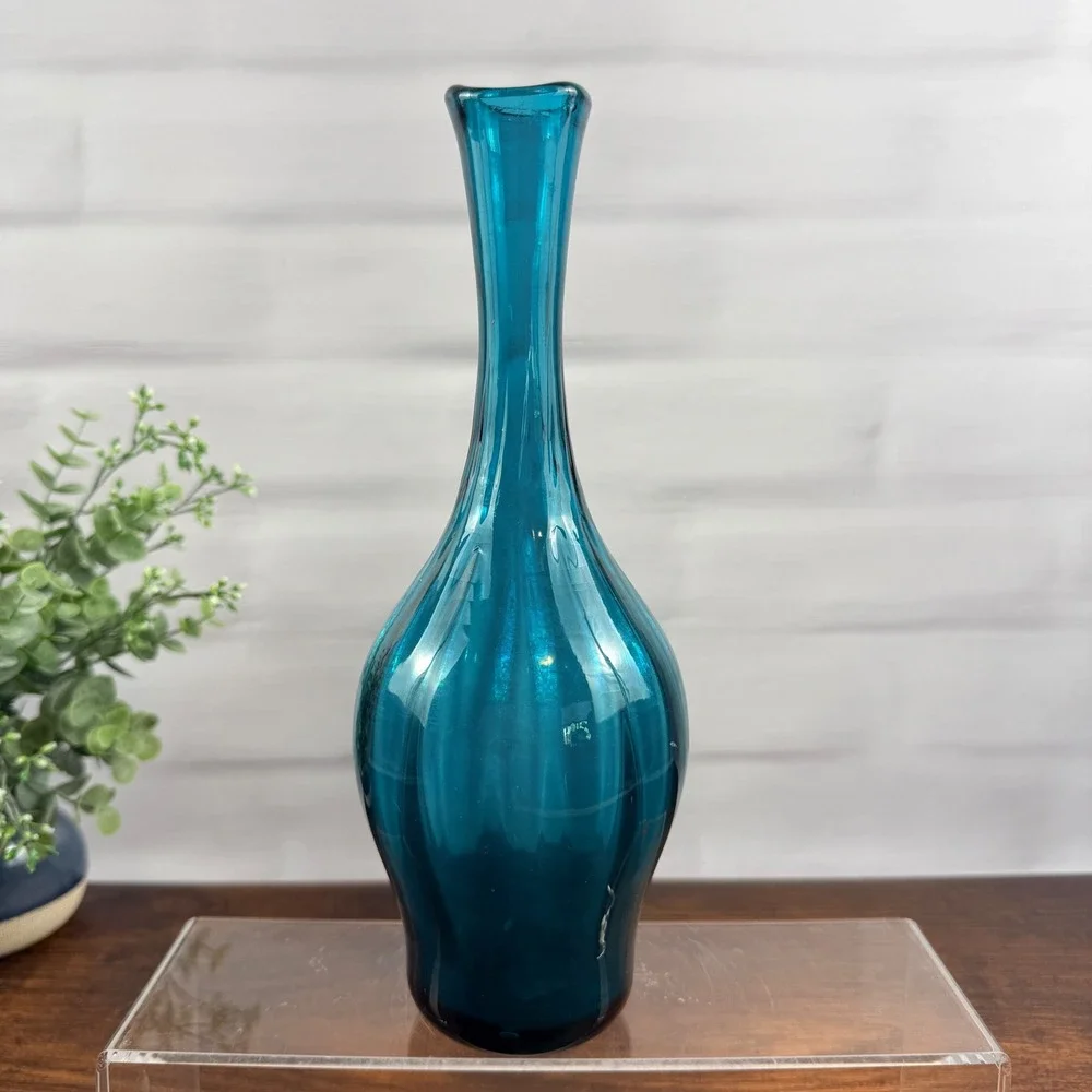 Blenko 64D Peacock Glass Bottle Vase Joel Myers MCM 10